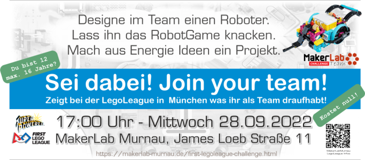Sei dabei - im MakerLab LegoLeague Team. Komm am 28.9. um 17 Uhr in das MakerLab.